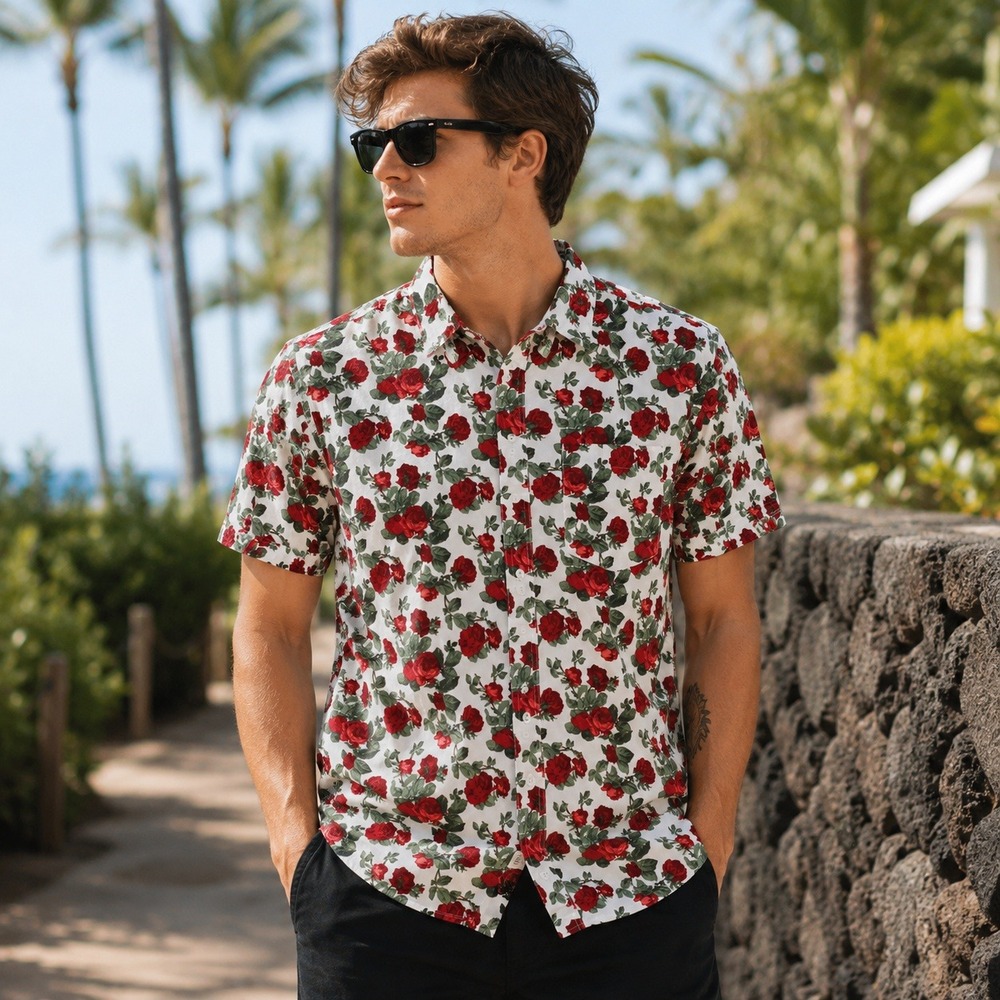 Empyre‎ Mens Large White Red Rose Floral Short Sleeve Button Down Shirt Cotton